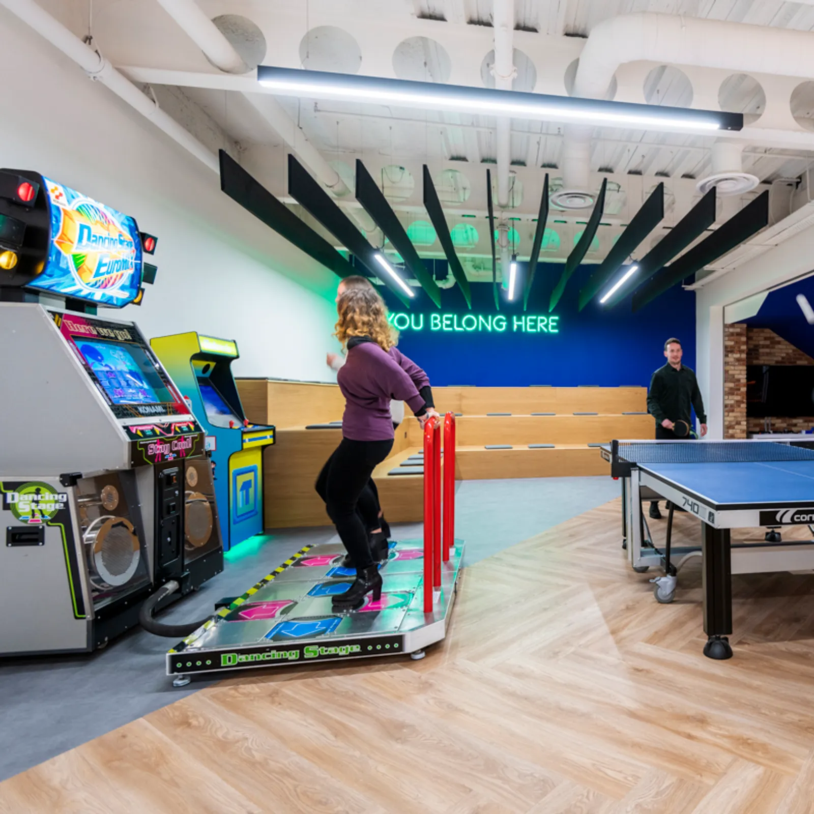 a recreational area in a hybrid office space at iTech Media playing games