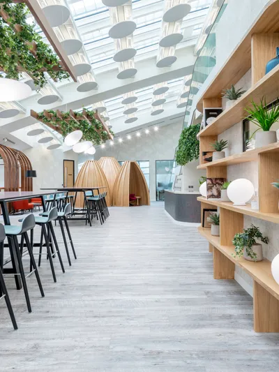 a modern office fit out with high seating and sustainable design elements