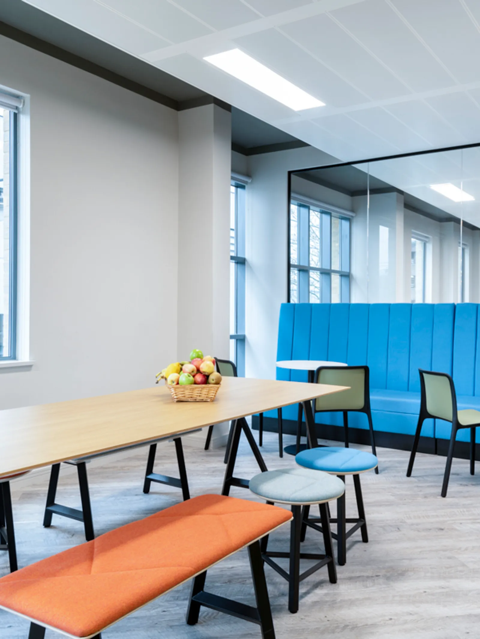 Well lit office refurbishment seating area